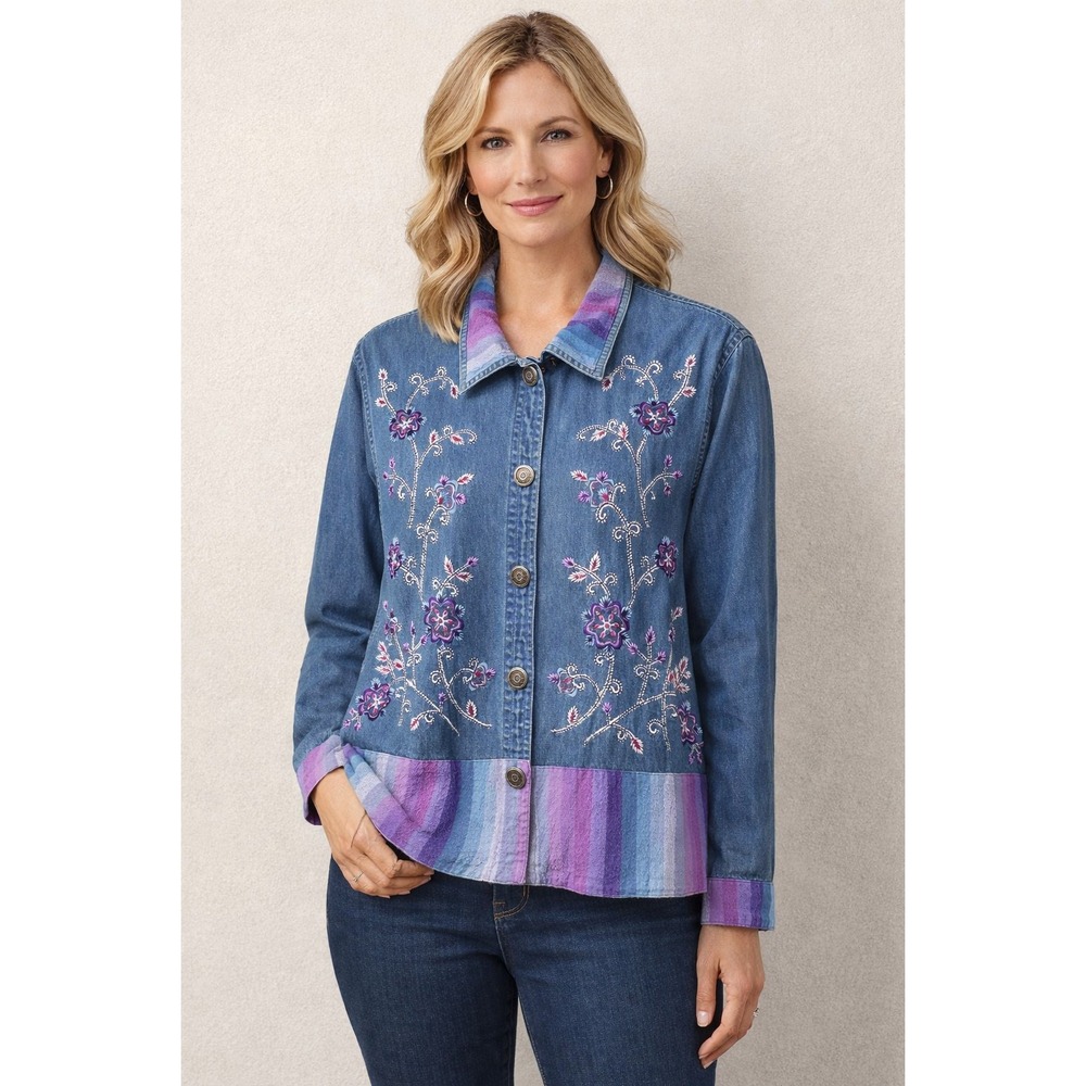 Ton Ton Bloes Denim Jacket Womens Medium Blue Jean Floral Embroidery Striped